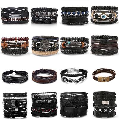 Retro Bead Bracelet - Men's Fashion Hollow Triangular Leather Bracelet And Multi-layer Bracelet