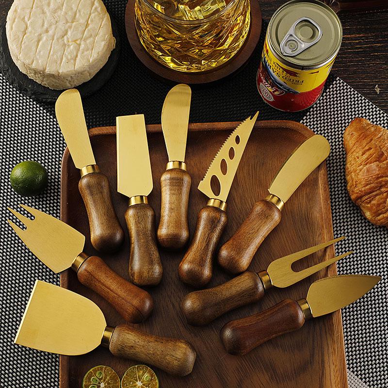 Stainless Steel Gold Cheese Knife with Acacia Wood Handle, Fork, and Spatula Utensils Set
