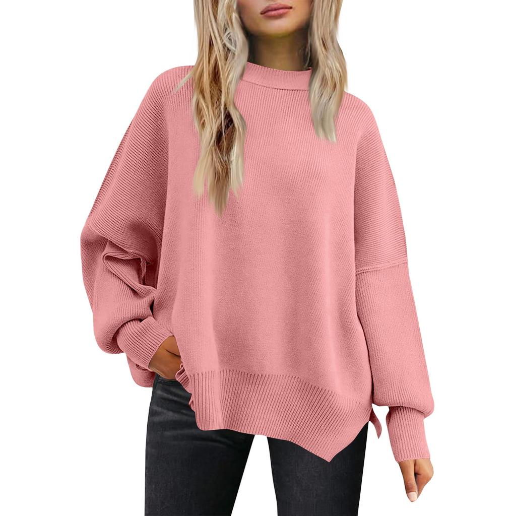 Women's Fashion Round Neck Long Sleeve Sweater Knitted Side Slit Pullover