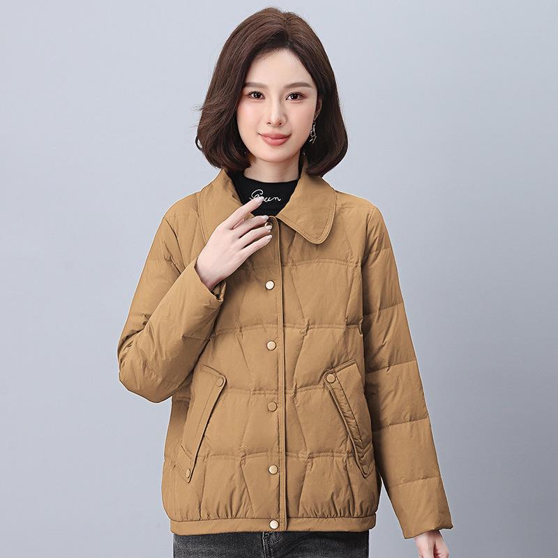 

Женский 2024 Легкий короткий пуховик - Большой размер, Свободный крой, Стиль для среднего возраста, Зимнее пальто с наполнителем из белого утиного пуха M for up to 120 lbs коричневый