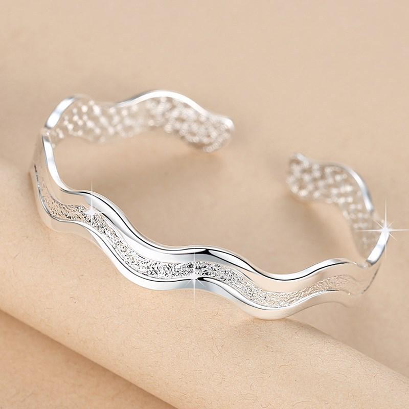 

White Copper-Plated Sandblasted Wave Quicksand Water Ripple Silver Bangle for Women Wave Quicksand Pattern