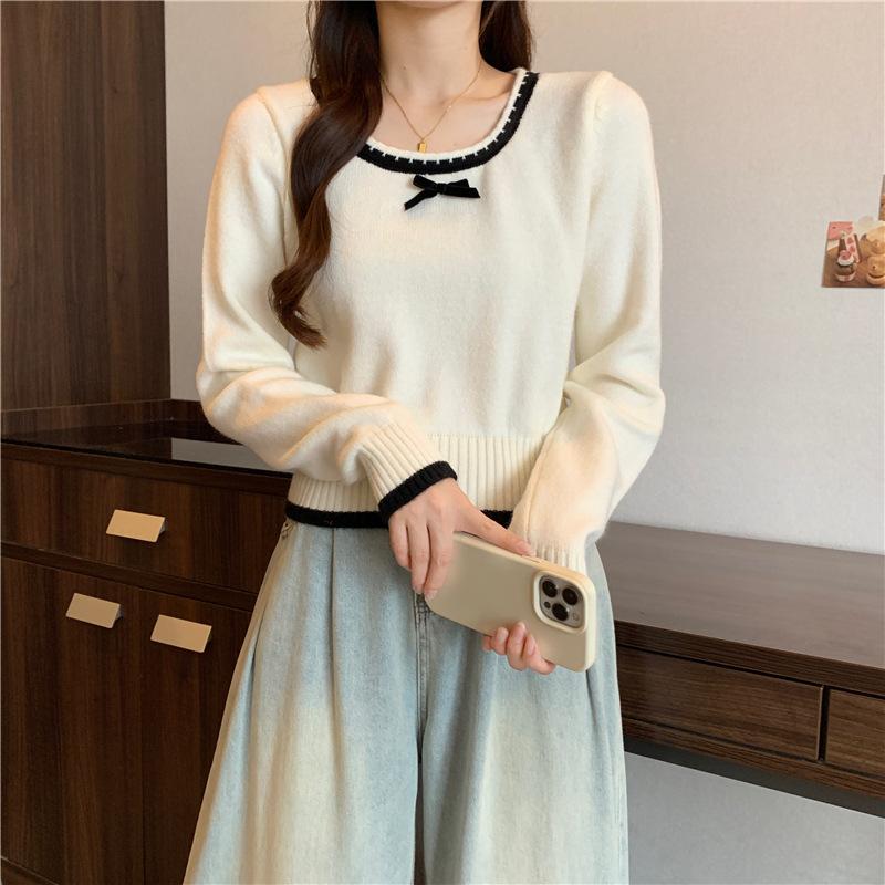 Retro white square collar with bottom women s autumn new bow long-sleeved sweater knitted short top one size fits all