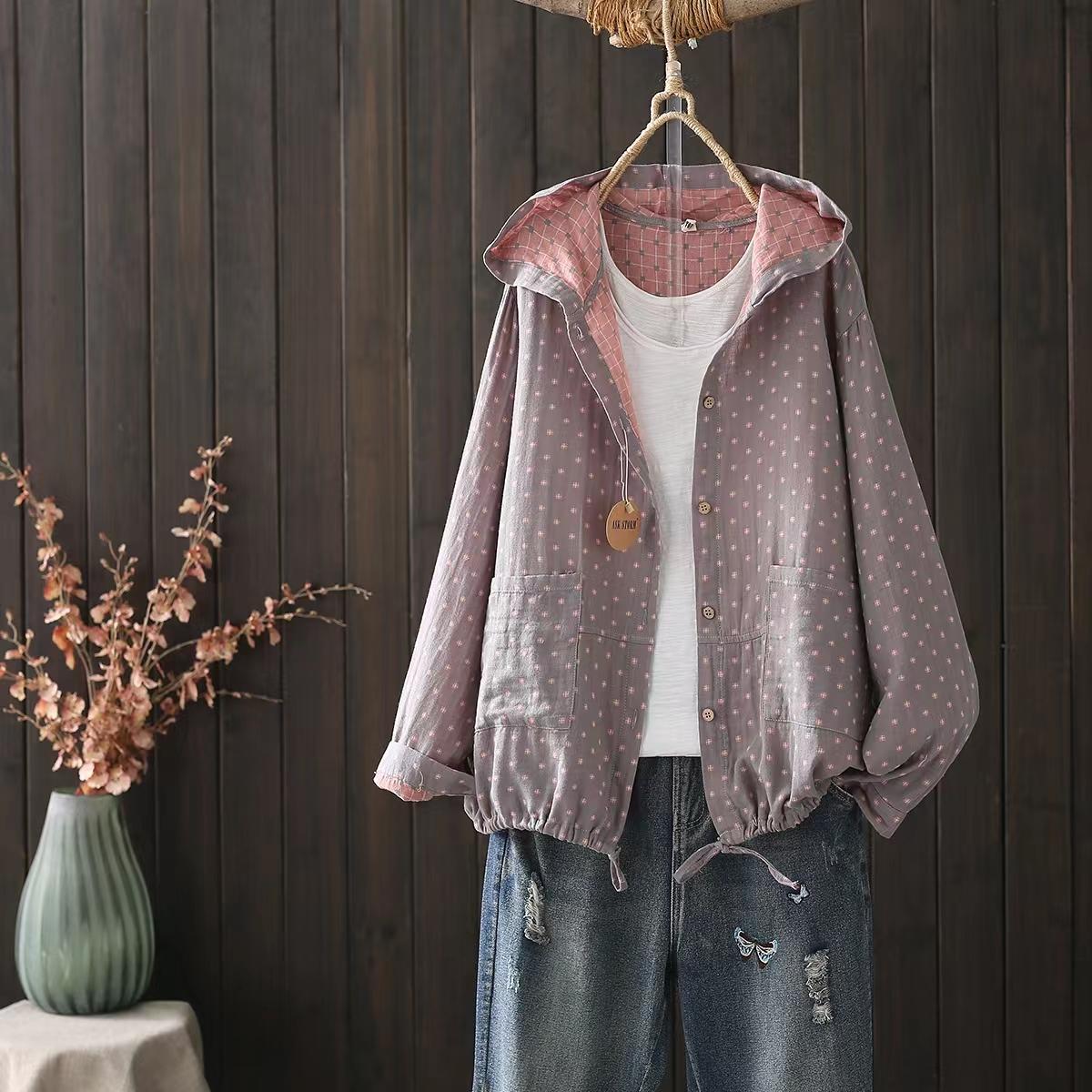 Women s Literary Hooded Loose Plaid Top, Spring Double-Layer Cotton Yarn Short Cardigan, Thin Cardigan, Sun Shirt One Size