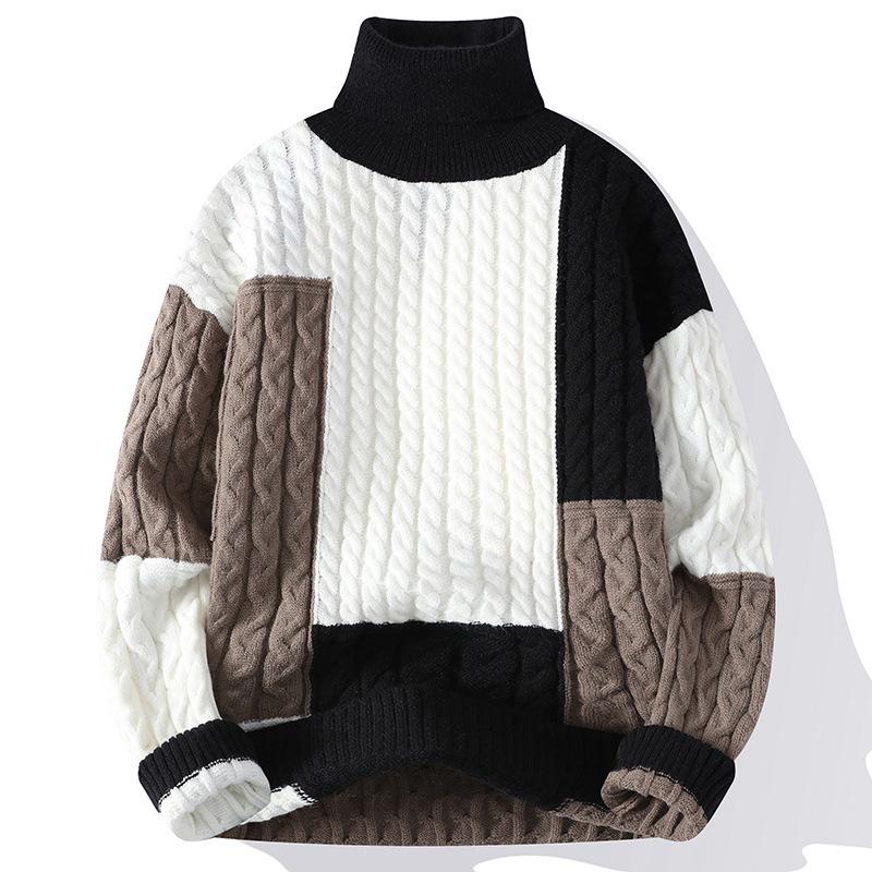 Men's Trendy High Collar Color Block Knit Pullover Sweater for Spring and Autumn