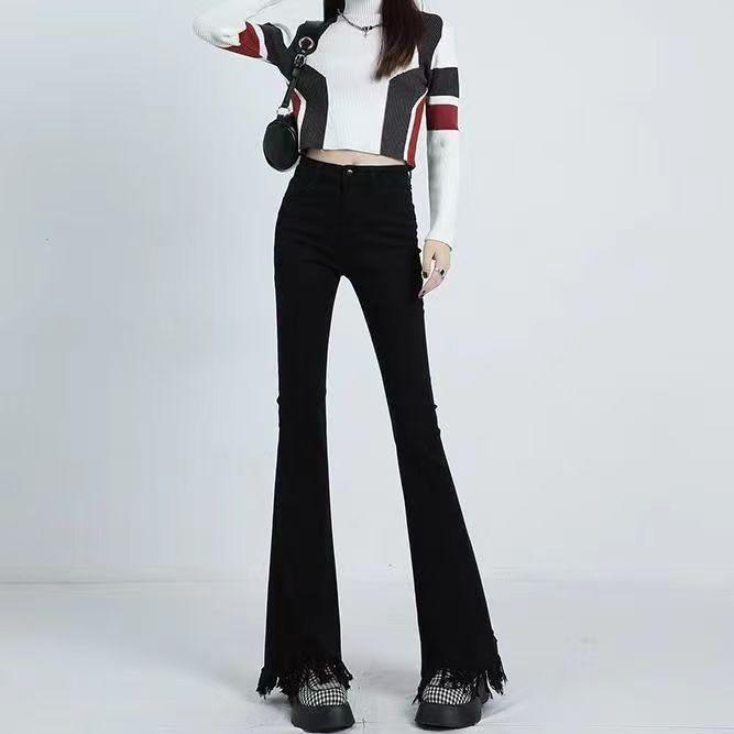 

Женские весенне-летние черные джинсы клеш с бахромой и необработанным краем, с высокой посадкой, облегающие, эластичные, модные расклешенные брюки XL