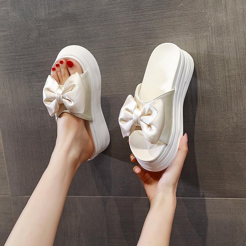Bow slippers 2025 summer height increase platform women's shoes beach cool slippers comfortable to wear fish mouth design
