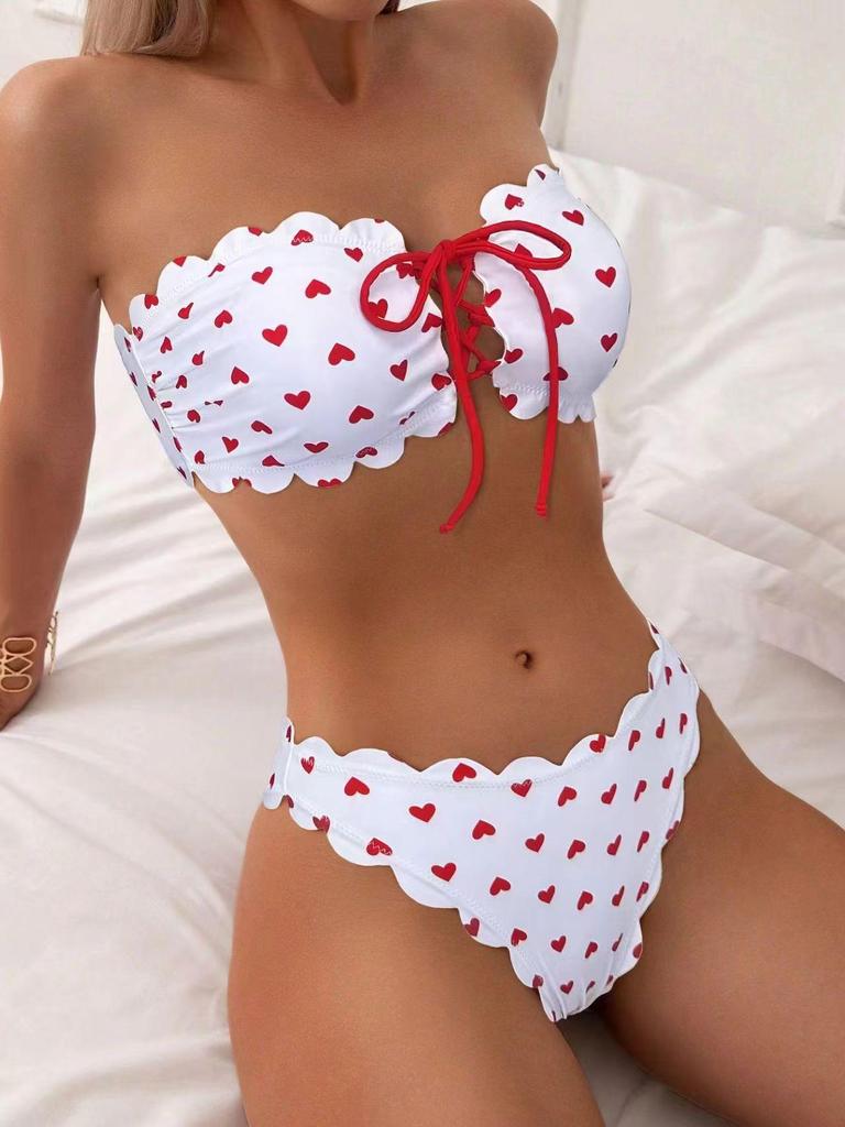 Conjunto de Bikini Bandeau con Cordones - Cintura Alta, Sexy, Estilo Europeo y Americano Blanco para 2024