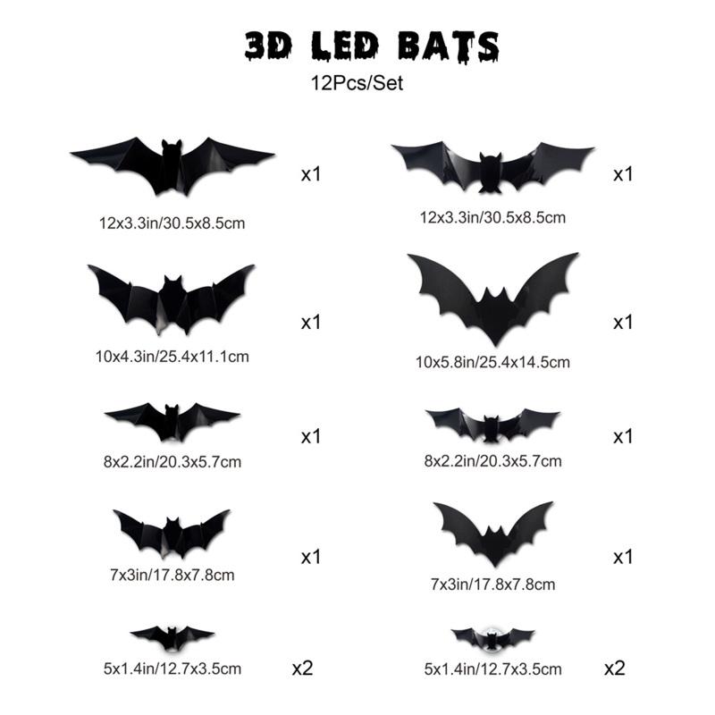 Déco Halloween Chauves-souris 3D LED - Autocollants Muraux Lumineux - 12 Pièces Multicolores - Pour Intérieur Et Extérieur