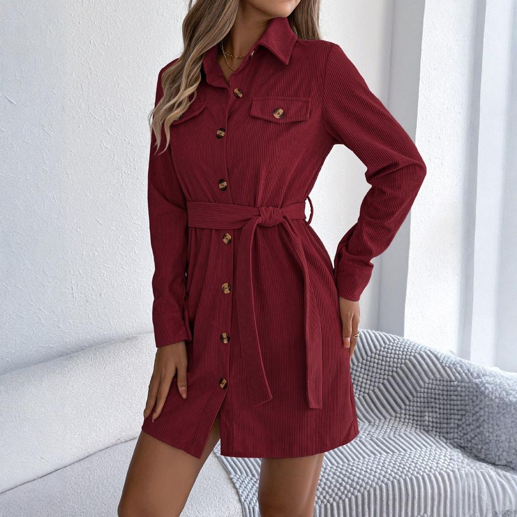 Women's Fashion Casual Solid Color Single Breasted Long Sleeved Lace Shirt Dress