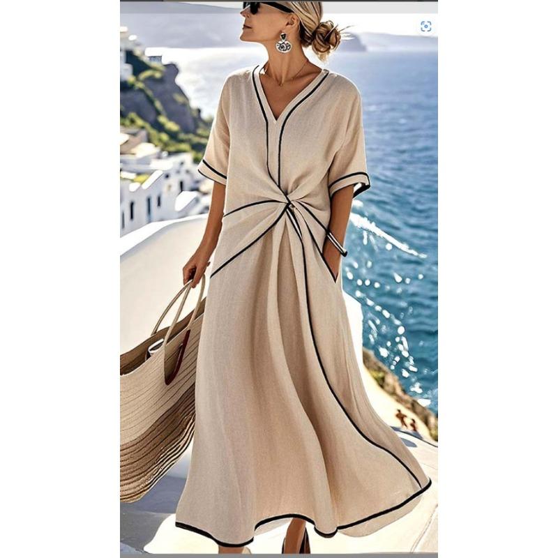 

women s V Neck Twist Waist Short Sleeve Loose Maxi Dress Contrast Piping Casual Vacation Long Dress S абрикосовый