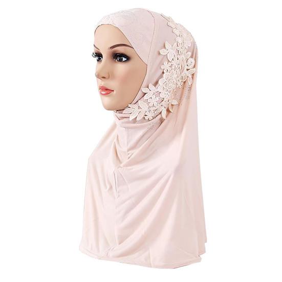 Women Solid Color Lace Rhinestone Muslim Hijab Wrap Islamic Scarf Cap Head Cover
