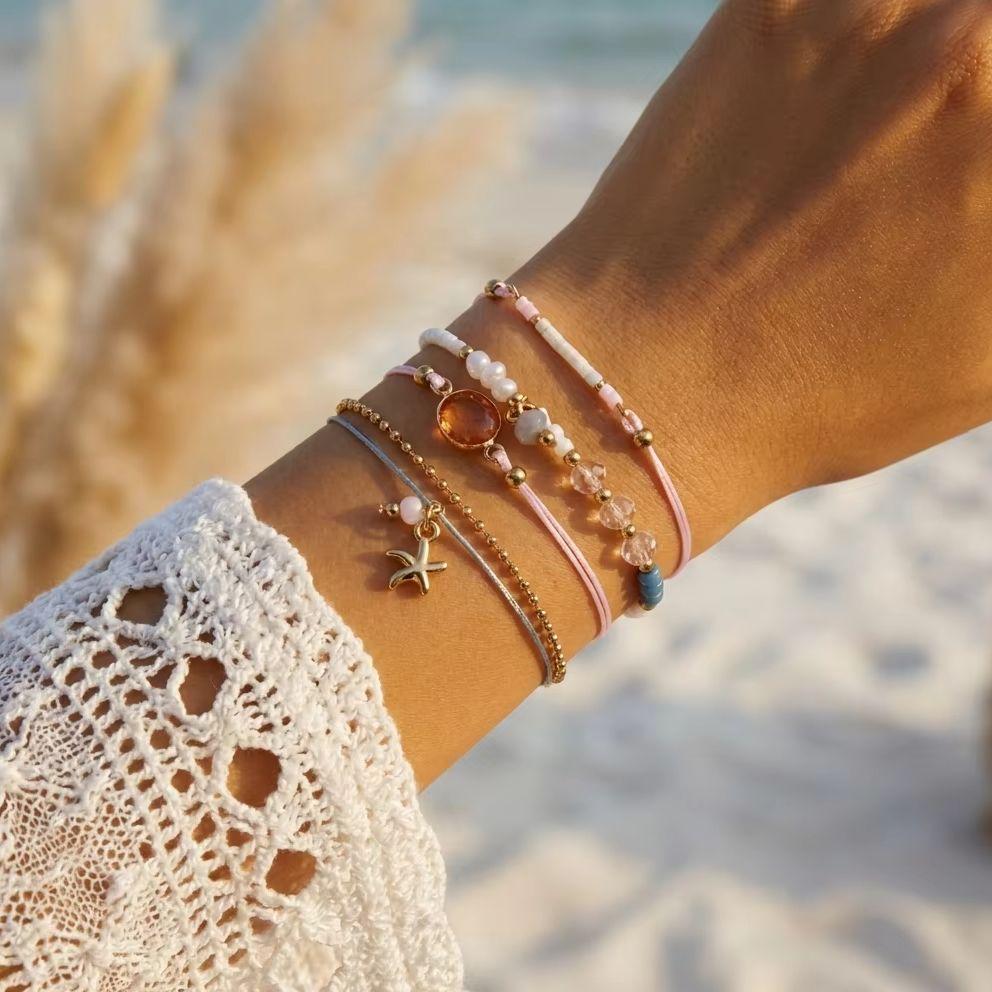 Fashion Multilayer Stacked Bracelets Set for Women Bohemian Shell Starfish Crystal Beaded Bracelet Summer Beach Party Jewelry