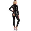 Damski Catsuit ze Skóry Lakierowanej z Długim Rękawem Kombinezon z Wycięciami w Kroku Odkryty w Klatce Piersiowej Body z Wysokim Dekoltem