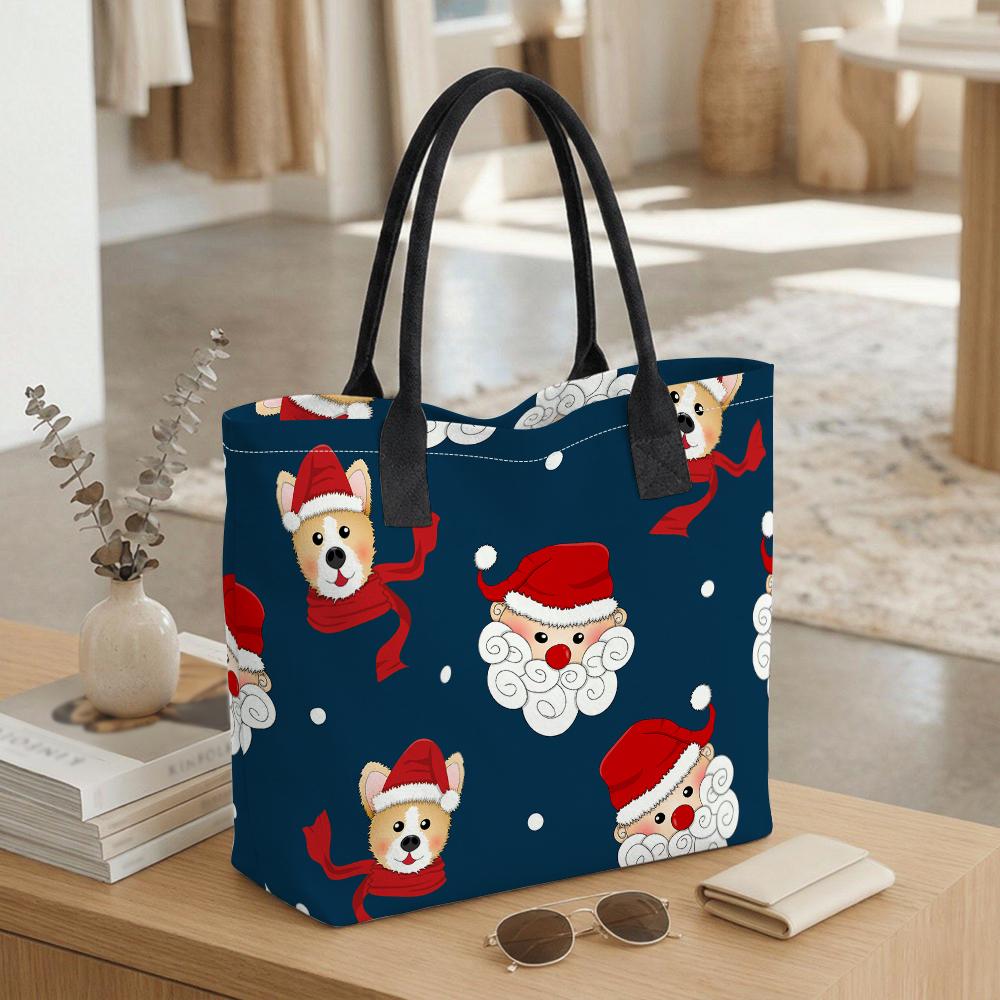 Christmas Dog Santa Printed Tote Bag Large Capacity Casual Handbag for Daily Use