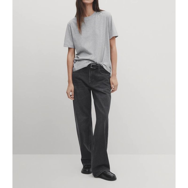 MD Spring New Arrival Women's Gray Basic Minimalist Loose Plaid Cotton Boyfriend round Neck T-shirt 6218503