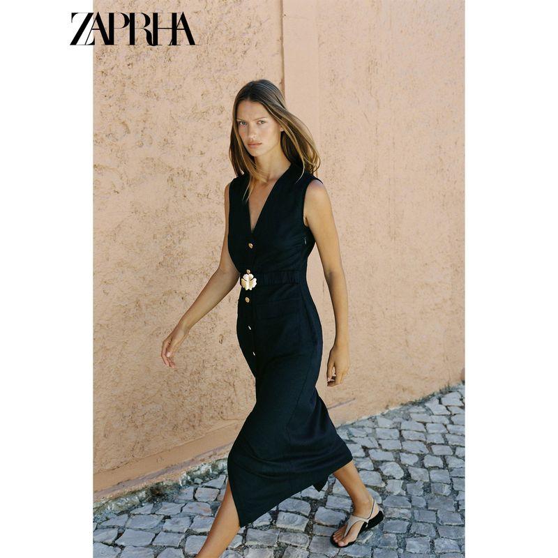 Zaprha 2025 Summer New Flip Pocket Decoration With Belt V-neck Sleeveless Midi Dress 8208709