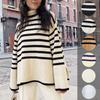 Women Fall Winter Turtleneck Long Sleeve Knit Striped Slit Loose Sweater