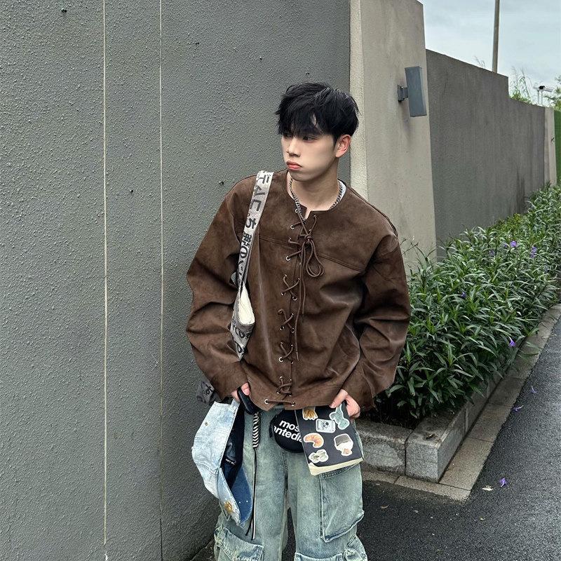 Мужская ретро-коричневая кожаная мотоциклетная куртка Maillard с воротником на шнурке XL