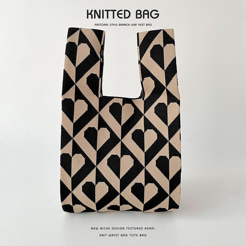 Farblich passende, gepunktete gestrickte Einzelschulter-Tragetasche, gewebte Tasche mit großem Fassungsvermögen