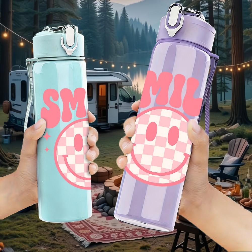 1PC Checkered Smile SMILE Letter 750ml Color Plastic Sports Water Bottle Leakproof Flip Straw Lid Suitable for Sports Office Home Use