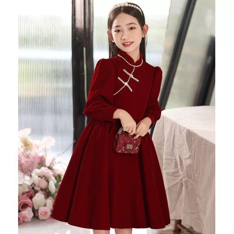 Modisches rotes Kleid für Mädchen Herbst und Winter, Plüsch-Prinzessinnenkleid für Kinder