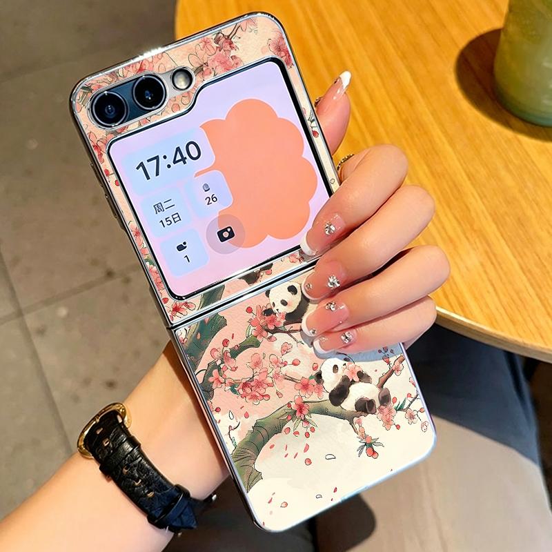 Lovely Baby Panda Print Case For Samsung Galaxy Z FlIP 7 FE 6 5 Z Flip7 Flip6 Flip5 Luxury Plating PC+PU Leather Hybrid Folding Phone Cover