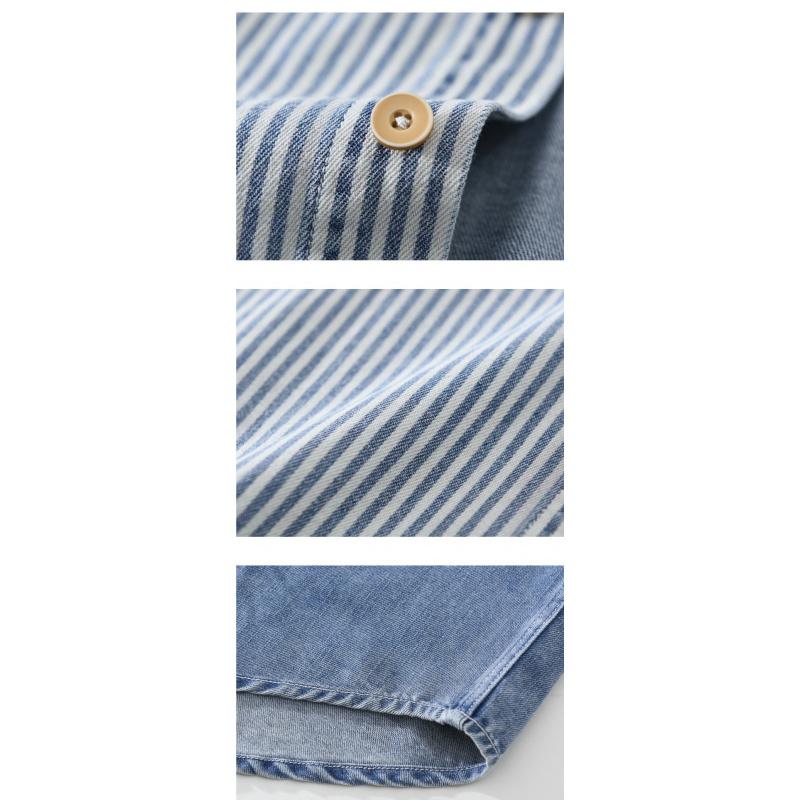 Men'S Denim Color-Block Vertical Stripe Shirt Casual Loose Fit Fashionable Long Sleeve For Spring And Autumn