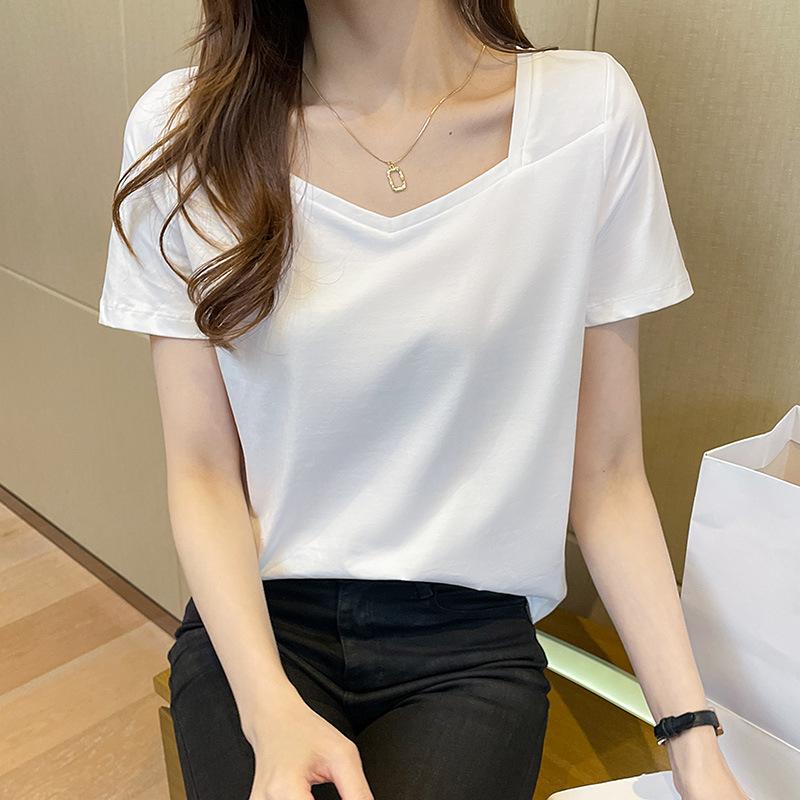 Women's 2026 Summer Square Neck Short Sleeve T-shirt - Solid Color, Loose Fit, Slimming, Exposed Collarbone Design