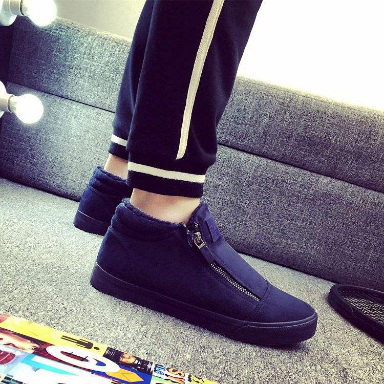 Boys Board Shoes Korean Version of High-top Espadrilles Side Zipper Foot Cover Black Teen Tide Student Winter Velvet Cotton Shoes