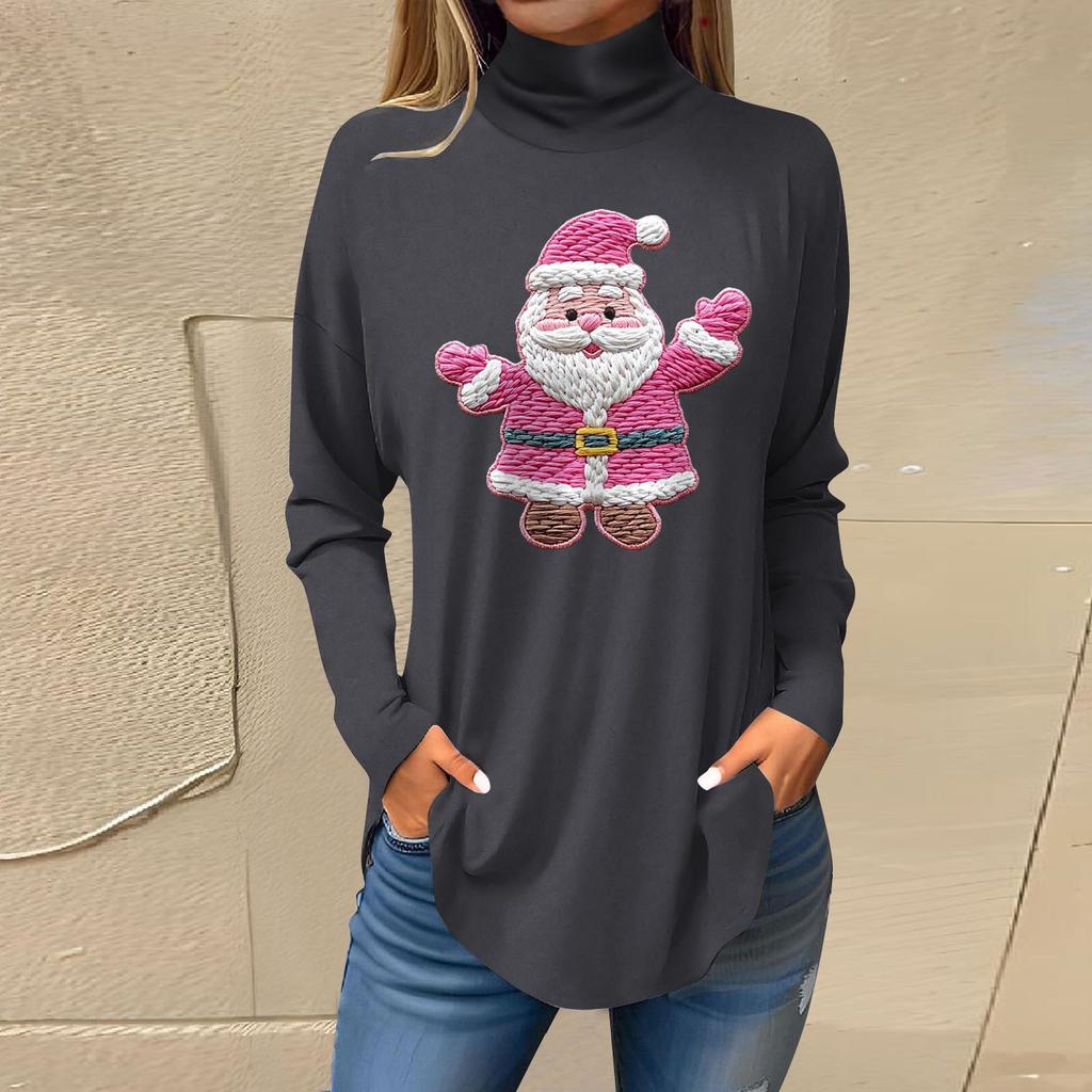 Women's Fashionable Loose-Fit High-Neck T-Shirt With Christmas Print Long-Sleeved Top
