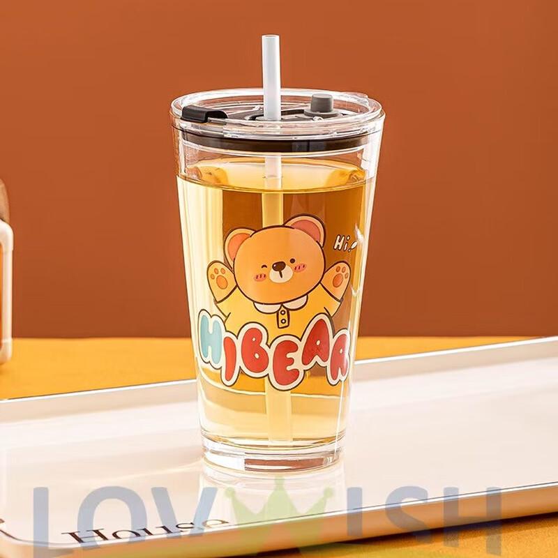 LoveWish Cartoon Glas Milchkännchen mit Strohhalm 440ml
