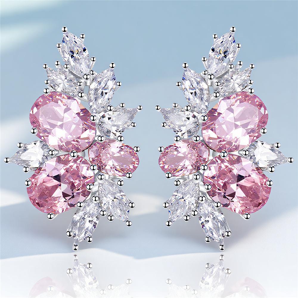 Charm Female White Pink Zircon Stone Stud Earrings Vintage Silver Color Wedding Party Gift Jewelry For Women