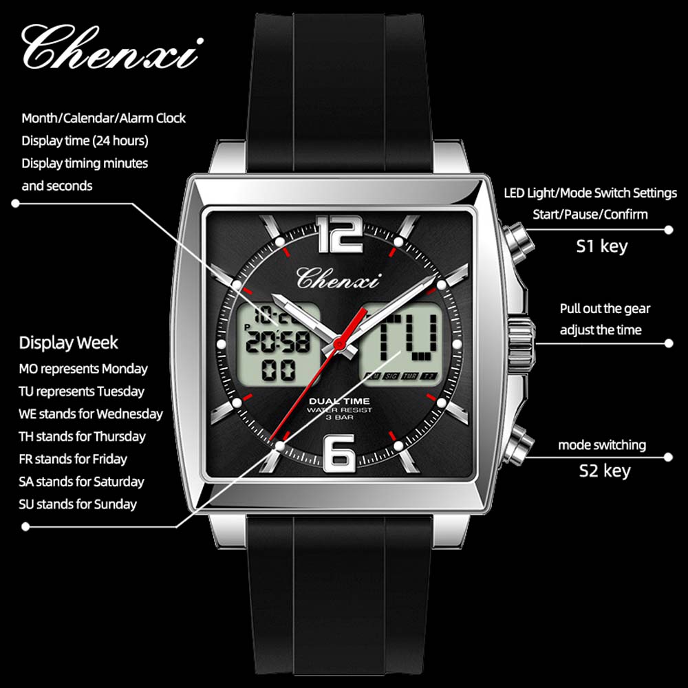 CHENXI Fashion MultiFunction Men's Quartz Watch Date Display Waterproof Silicone Strap Dual-Display Digital Men's Wristwatch
