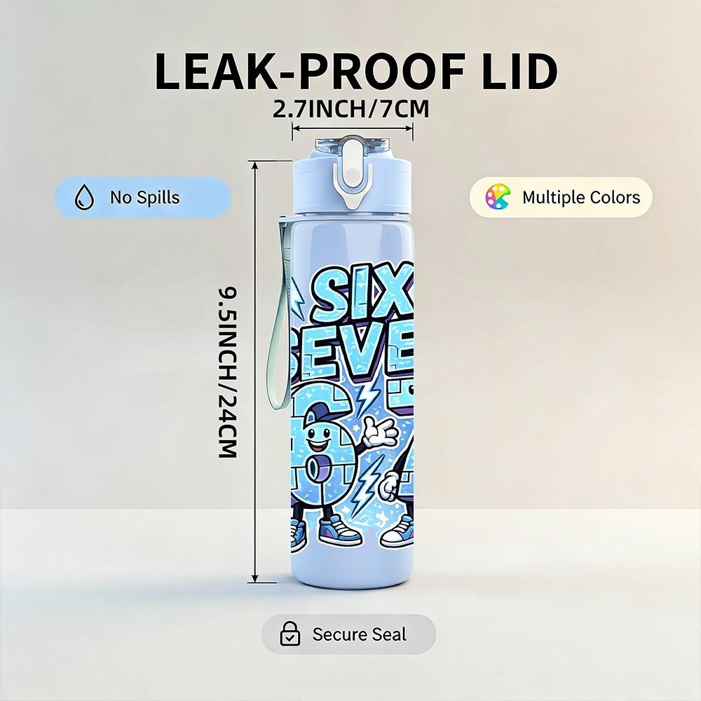 1PC Six Seven Blue Retro Graffiti Print 750ml Color Plastic Sports Water Bottle Leakproof Flip Straw Lid Suitable for Sports Office Home Use