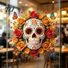 Reusable Floral Skull Stickers Day of The Dead Flower Static Sticker, Colorful Mexican Glass Sugar Halloween Decal, Waterproof PVC Removable Cling for