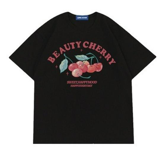 7 Cherries Women's 230g Cotton Short-Sleeve T-Shirt, 2024 Edition - Loose Fit, Soft & Sweet Style