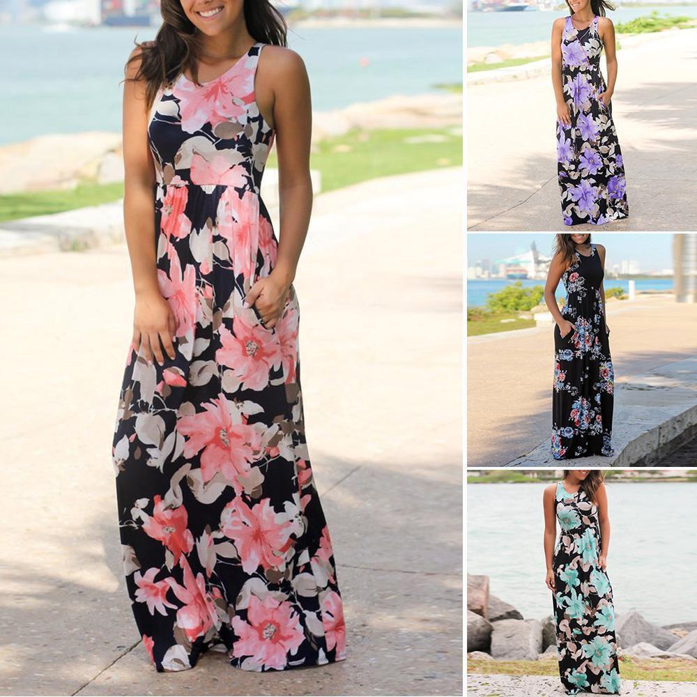 Summer Women's Elegant Casual Sleeveless Floral Printed Beach Dress Long Sundress