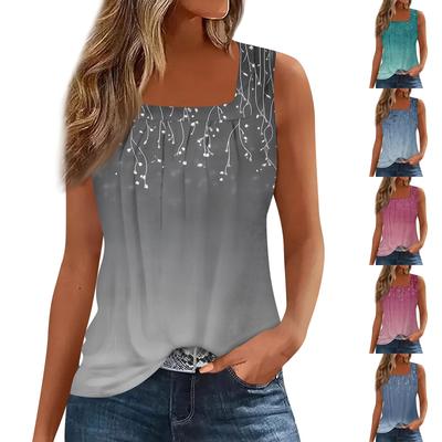 Square Collar Tank Top Women Print Tank Tee Casual Loose Fit Sleeveless Shirt