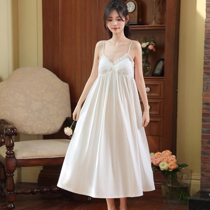 Court Style Lace Camisole Nightgown with Bra Pads - Sexy Cotton Long Sleep Dress for Women