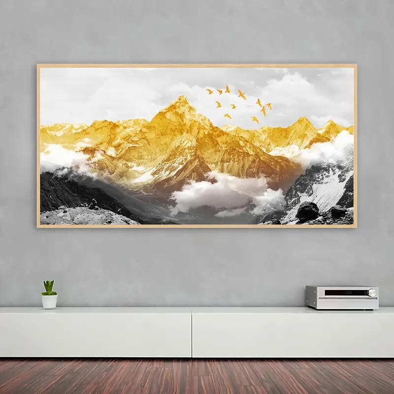 Unframed Canvas Poster, Modern Art, Golden Mountains And Birds In The Mountains Wall Art, Ideal Gift For Bedroom Living Room