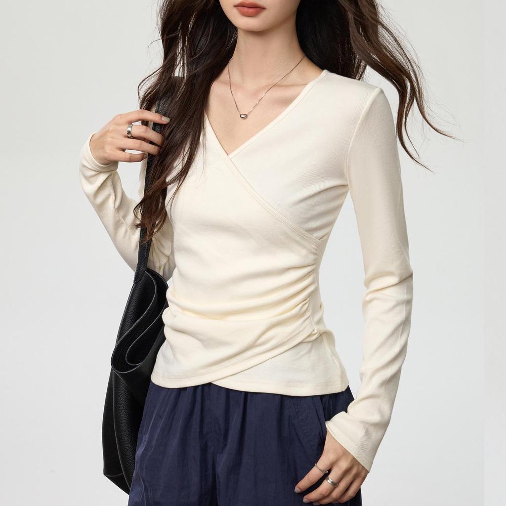 Yuke 260g Pleated Waist-Slimming V-Neck Long Sleeve T-Shirt – Women's Autumn Fashion