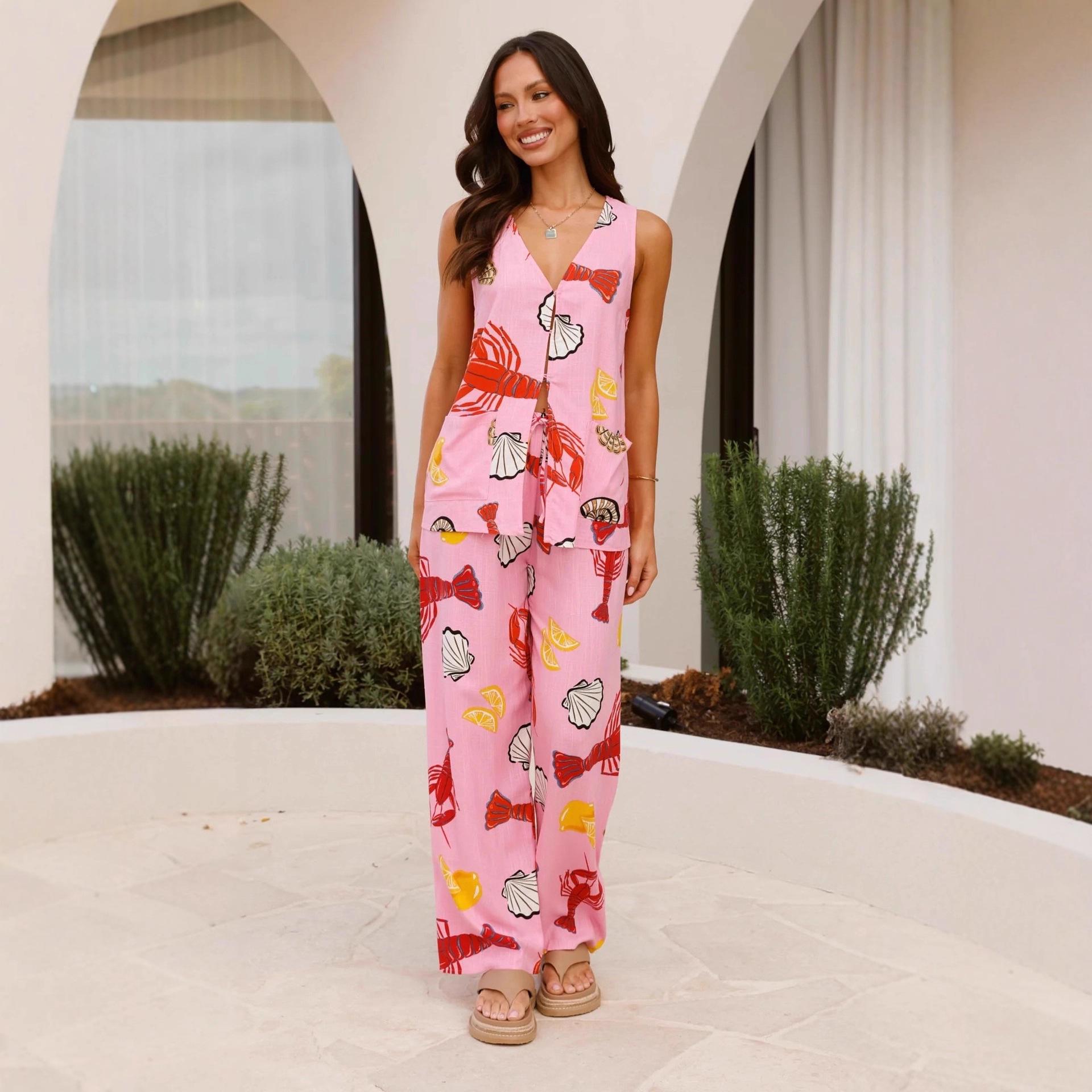 

2025 Fashion Printed Linen Vest and Long Pants Suit (European/American Style) XL рожевий