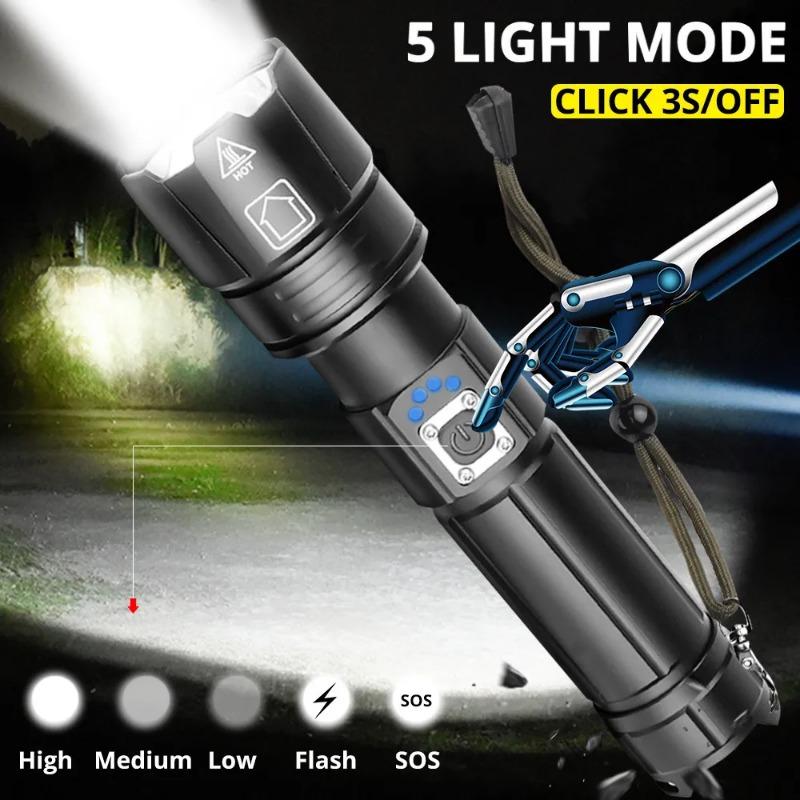High Power XHP70 LED Flashlight Rechargeable Zoom Torch Tactical Lantern USB Charging Hand  Lamp  18650 or 26650 Battery