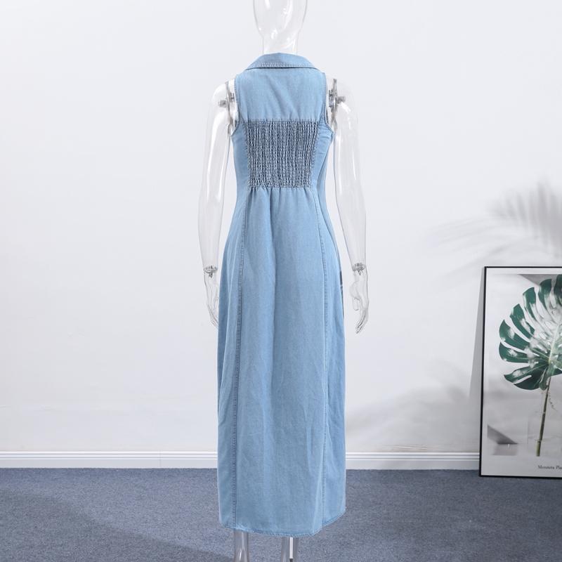 Szykowna Damska Jeansowa Obcisła Długa Sukienka Niebieska Klapy Głęboki Dekolt V Wysokie Rozcięcie Bez Rękawów Jednorzędowa Falbankowa Szata 2025 Damska Codzienna Vestido