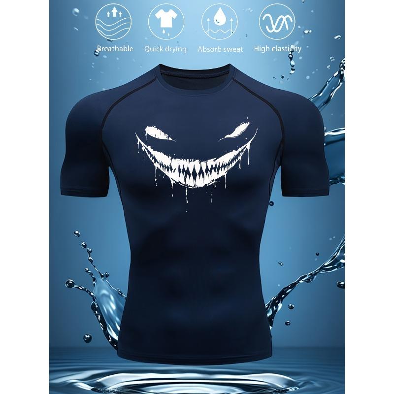 Mens Navy Blue Compression Short Sleeve T-Shirt White Dripping Evil Smile Graphic Quick Dry Breathable High Elasticity Gym And MMA Athletic Top