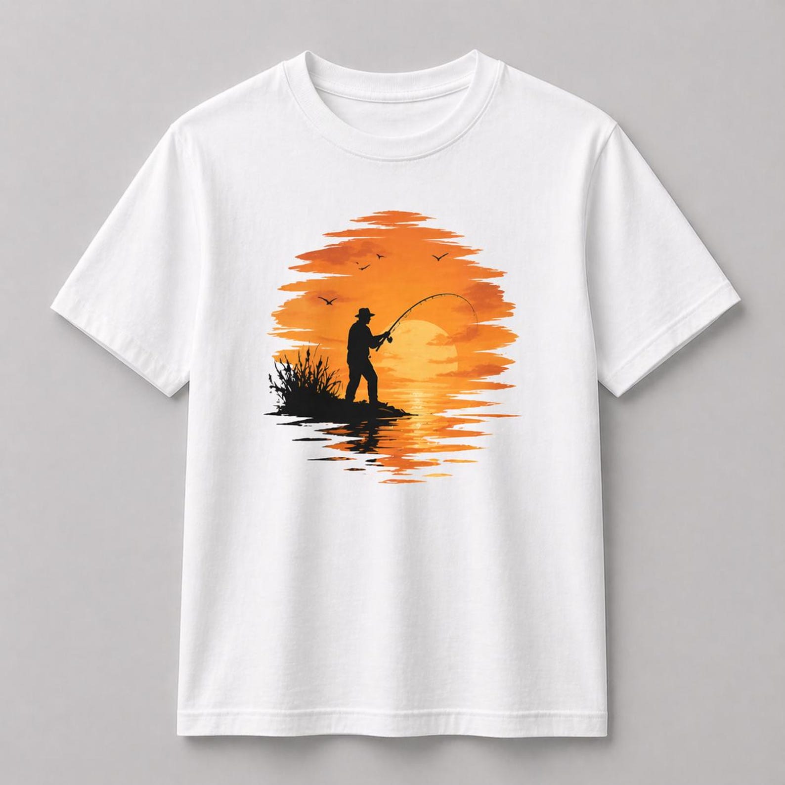 Sunset Angler Silhouette Tee – Minimal Fishing Graphic Shirt S