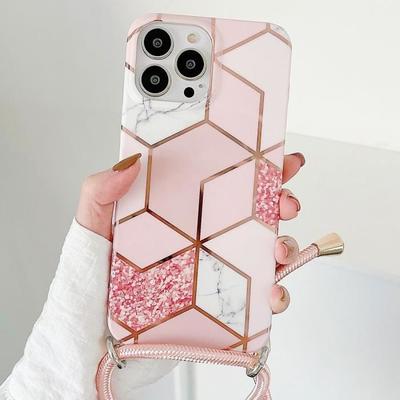 Adjustable Shoulder Strap Case for iPhone 12 Pro (6.1 ") Pink Anti-Scratch Rigid Glossy Marble Pattern TPU Case