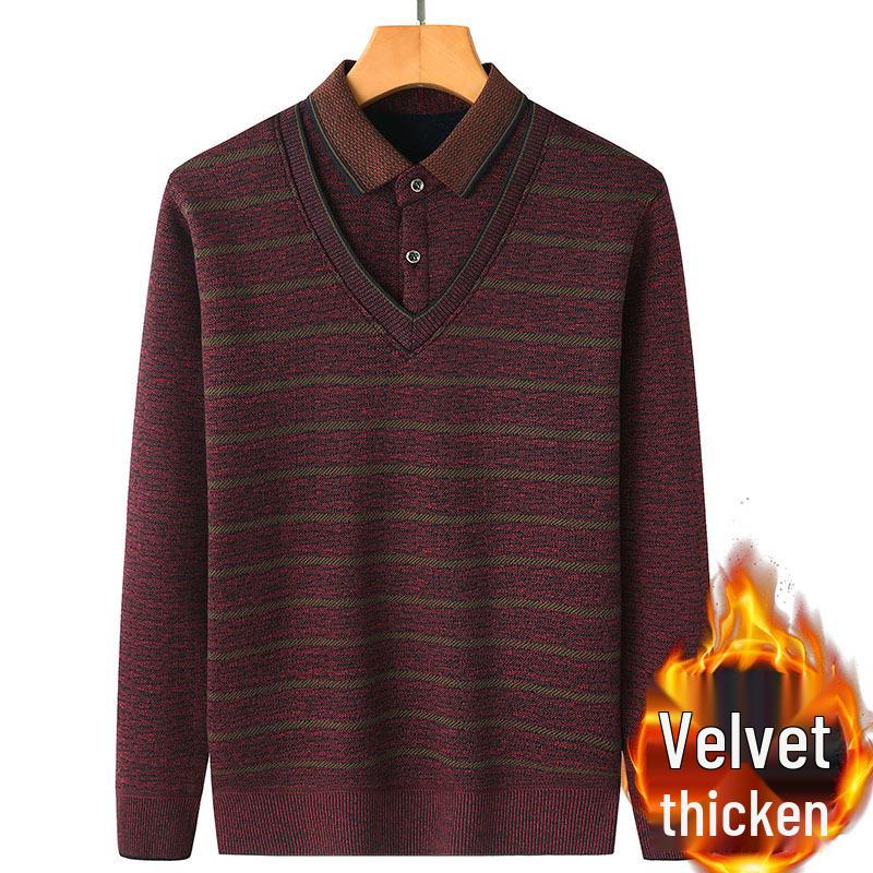 Middle-aged & Elderly Men's Thickened Velvet Knit Sweater Faux Two-Piece