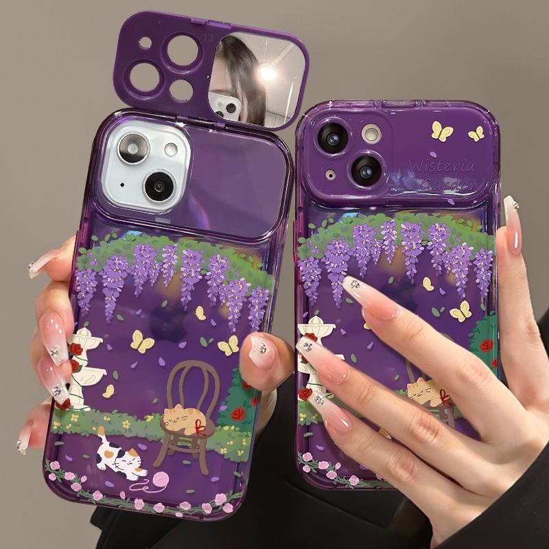 Wisteria cat lanyard suitable for iPhone 13 phone cases, iPhone 16 flip mirror 15 silicone 14 Pro Max soft
