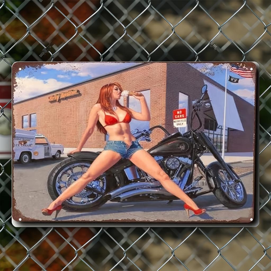 Vintage PinUp Metal Sign Retro Girl on Motorcycle Frameless Tin Poster Classic Americana Wall Decor for BarClub Durable I